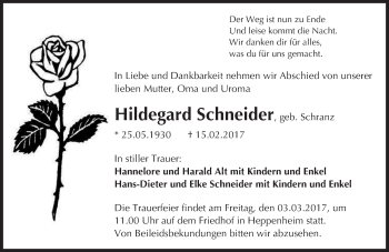 Traueranzeige von Hildegard Schneider von Trauerportal Echo Online
