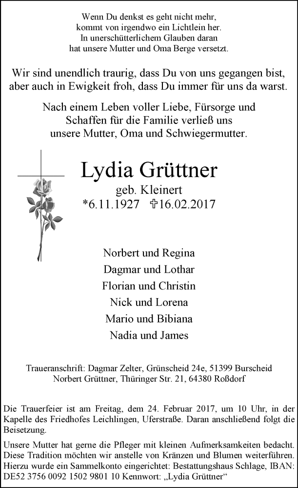 Traueranzeige für Lydia Grüttner vom 18.02.2017 aus Trauerportal Echo Online