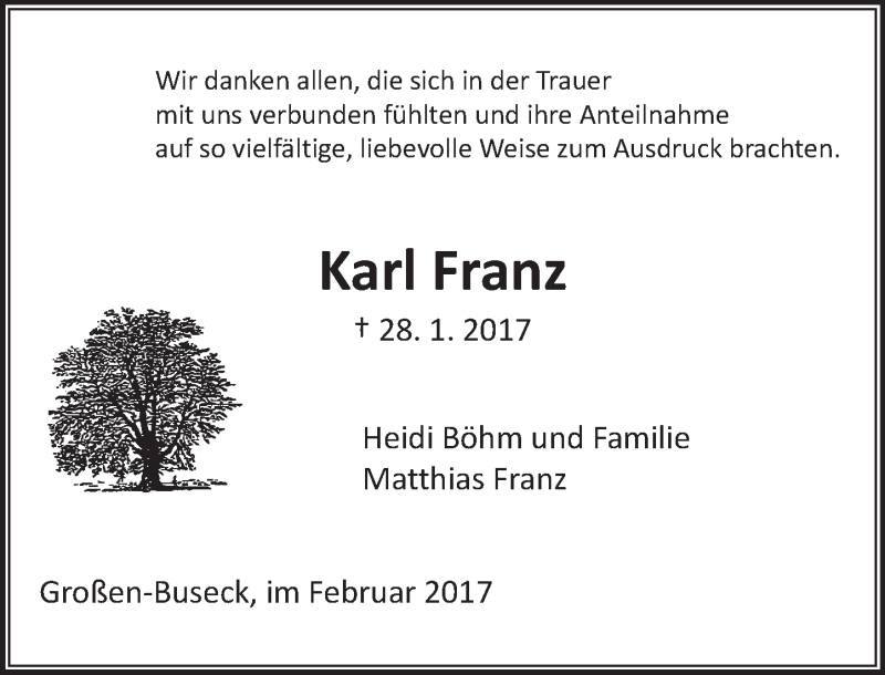  Traueranzeige für Karl Franz vom 18.02.2017 aus  Gießener Anzeiger