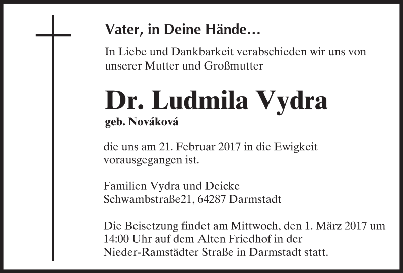  Traueranzeige für Ludmila Vydra vom 27.02.2017 aus Trauerportal Rhein Main Presse