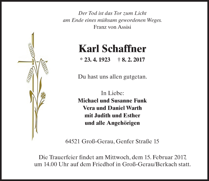  Traueranzeige für Karl Schaffner vom 11.02.2017 aus Trauerportal Echo Online