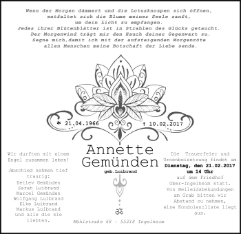 Traueranzeige von Annette Gemünden von Trauerportal Rhein Main Presse