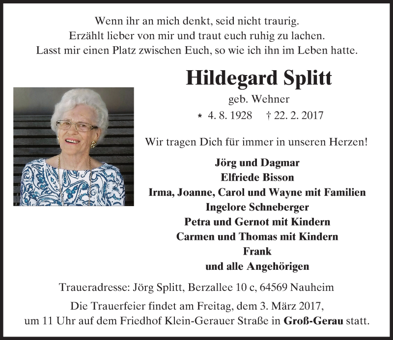  Traueranzeige für Hildegard Splitt vom 25.02.2017 aus Trauerportal Echo Online