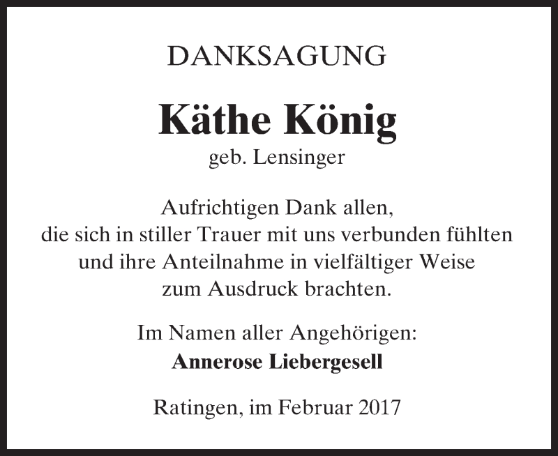 Traueranzeige für Käthe König vom 25.02.2017 aus Trauerportal Echo Online