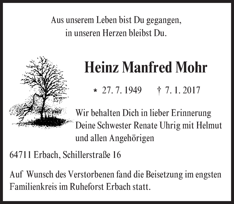  Traueranzeige für Heinz Manfred Mohr vom 03.02.2017 aus Trauerportal Echo Online