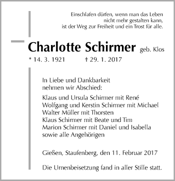 Traueranzeige von Charlotte Schirmer von  Gießener Anzeiger