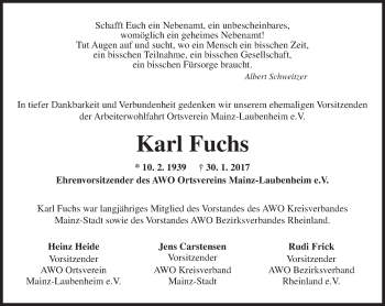 Traueranzeige von Karl Fuchs von Trauerportal Rhein Main Presse