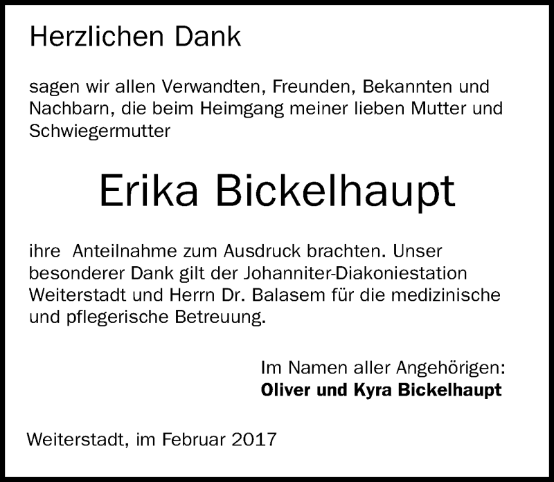  Traueranzeige für Erika Bickelhaupt vom 18.02.2017 aus Trauerportal Echo Online
