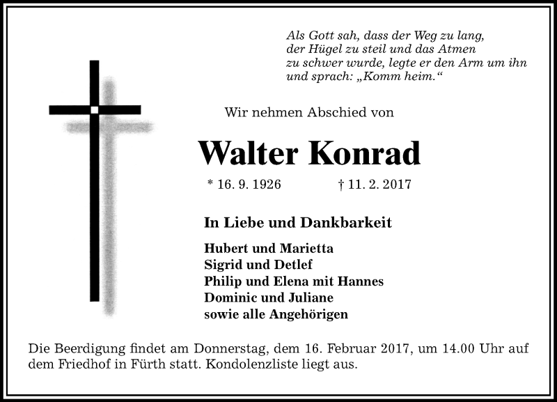  Traueranzeige für Walter Konrad vom 14.02.2017 aus Trauerportal Echo Online