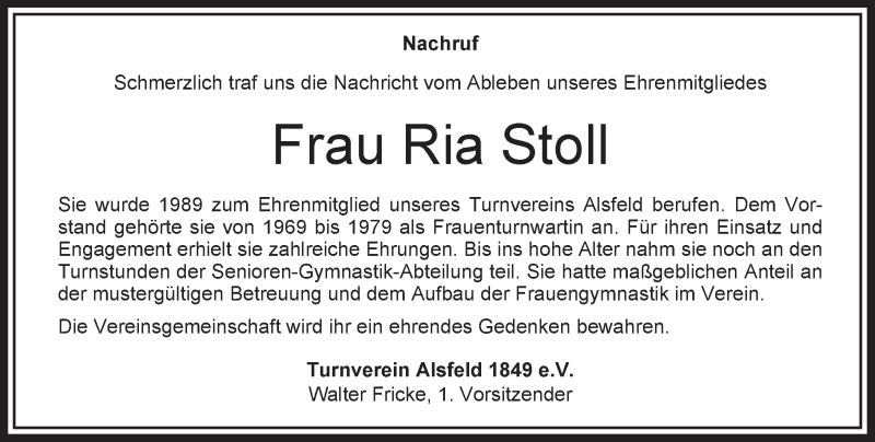 Traueranzeige für Ria Stoll vom 18.02.2017 aus VRM Trauer