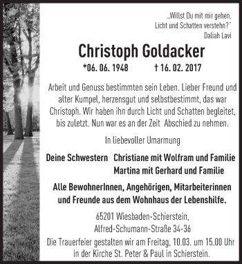 Traueranzeige von Christoph Goldacker von Trauerportal Rhein Main Presse