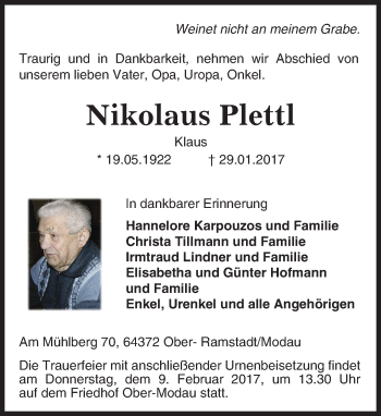 Traueranzeige von Nikolaus Plettl von Trauerportal Echo Online