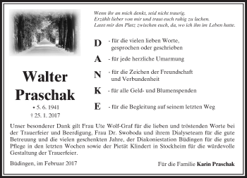 Traueranzeige von Walter Praschak von  Kreisanzeiger