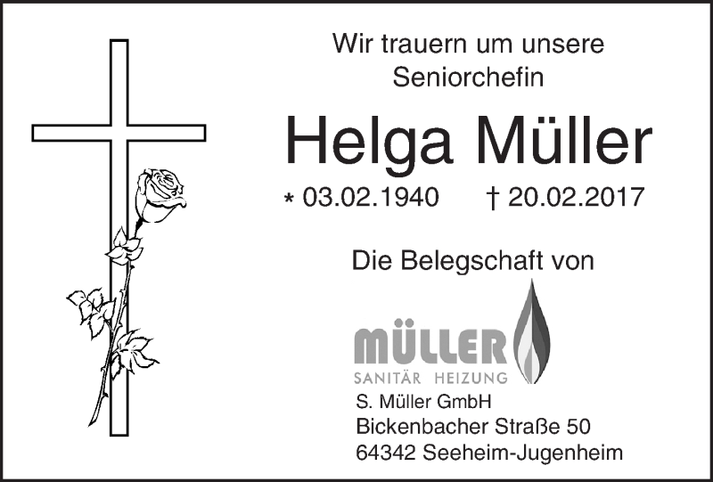  Traueranzeige für Helga Müller vom 22.02.2017 aus Trauerportal Echo Online
