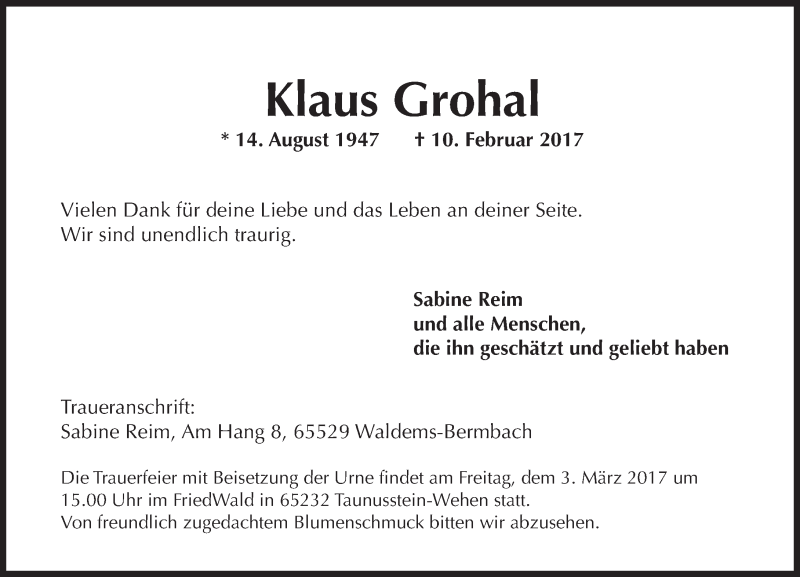  Traueranzeige für Klaus Grohal vom 18.02.2017 aus Trauerportal Rhein Main Presse