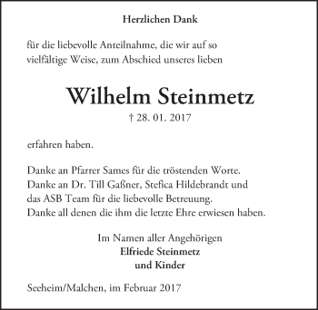 Traueranzeige von Wilhelm Steinmetz von Trauerportal Echo Online