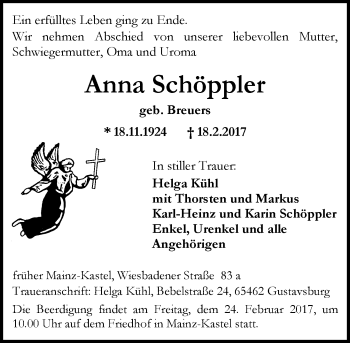 Traueranzeige von Anna Schöppler von Trauerportal Rhein Main Presse