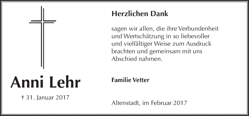  Traueranzeige für Anni Lehr vom 25.02.2017 aus  Kreisanzeiger