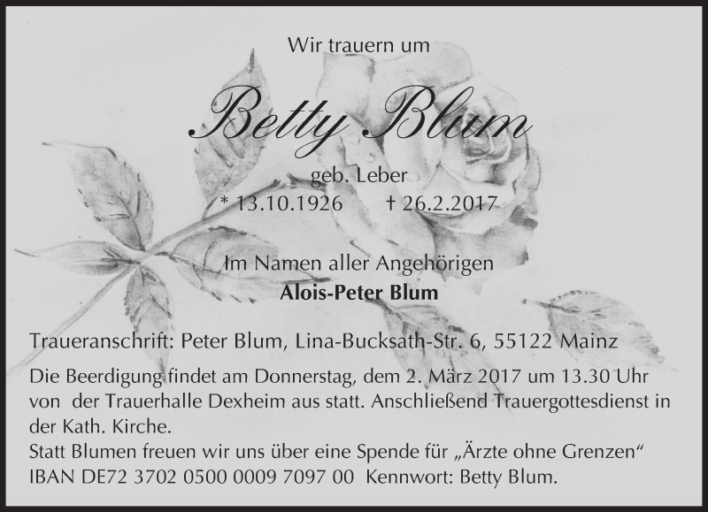  Traueranzeige für Betty Blum vom 01.03.2017 aus Trauerportal Rhein Main Presse