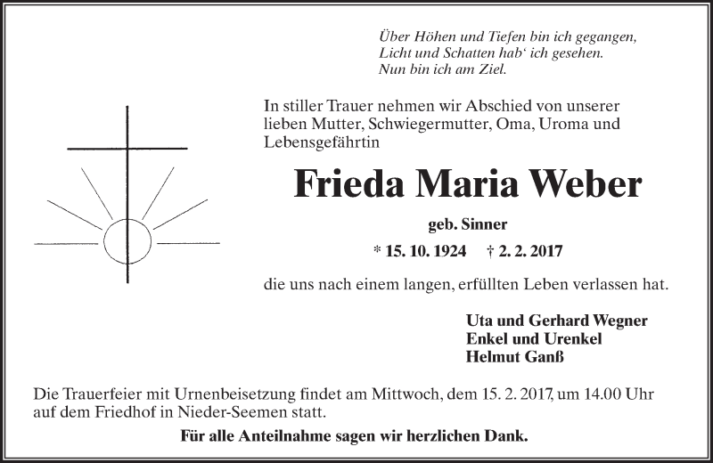  Traueranzeige für Frieda Maria Weber vom 11.02.2017 aus  Kreisanzeiger