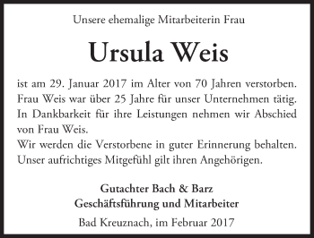 Traueranzeige von Ursula Weis von Trauerportal Rhein Main Presse