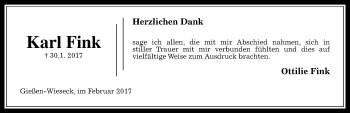 Traueranzeige von Karl Fink von  Gießener Anzeiger