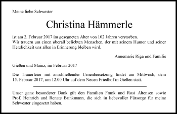 Traueranzeige von Christina Hämmerle von  Gießener Anzeiger