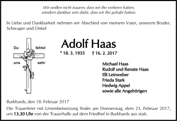 Traueranzeige von Adolf Haas von  Kreisanzeiger
