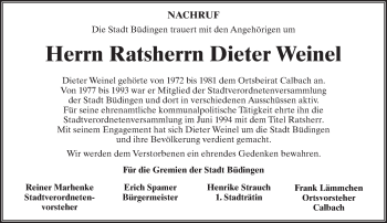 Traueranzeige von Dieter Weinel von  Kreisanzeiger