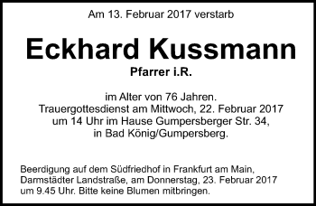 Traueranzeige von Eckhard Kussmann von Trauerportal Echo Online