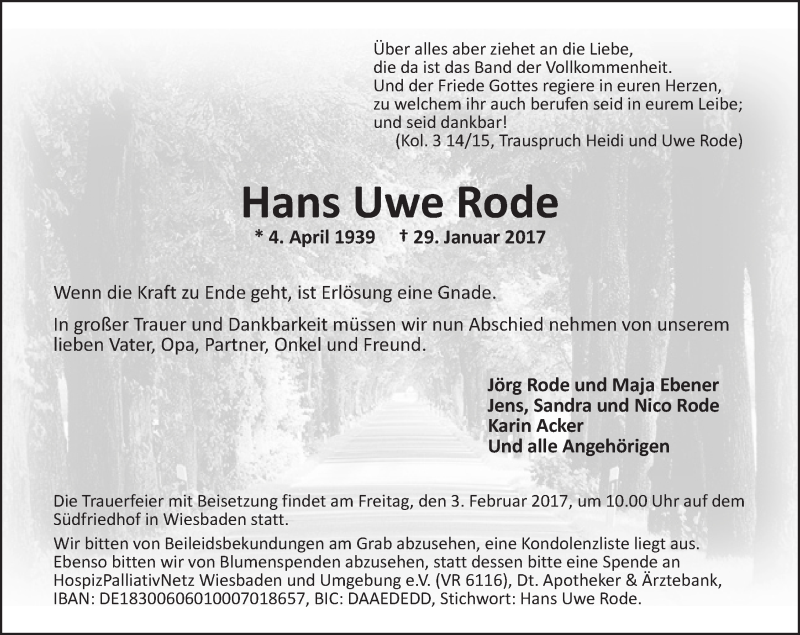  Traueranzeige für Hans Uwe Rode vom 01.02.2017 aus Trauerportal Rhein Main Presse