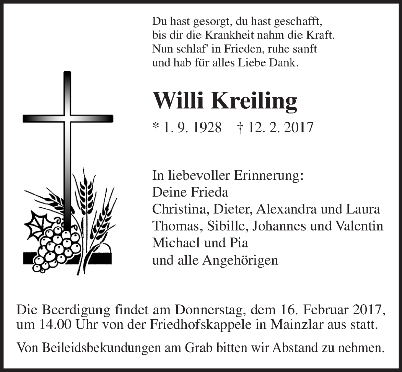  Traueranzeige für Willi Kreiling vom 15.02.2017 aus  Gießener Anzeiger