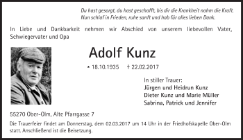 Traueranzeige von Adolf Kunz von Trauerportal Rhein Main Presse