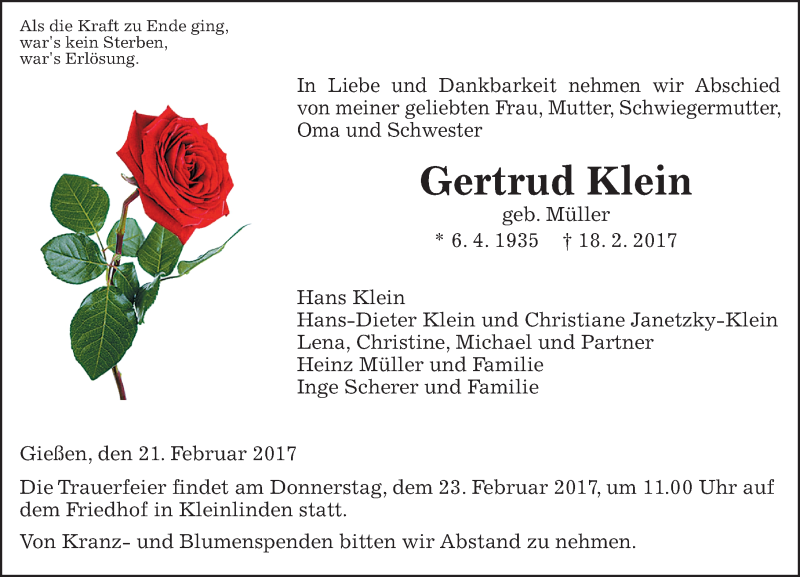  Traueranzeige für Gertrud Klein vom 21.02.2017 aus  Gießener Anzeiger