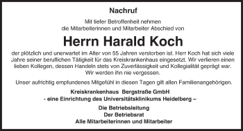 Traueranzeige von Harald Koch von Trauerportal Echo Online