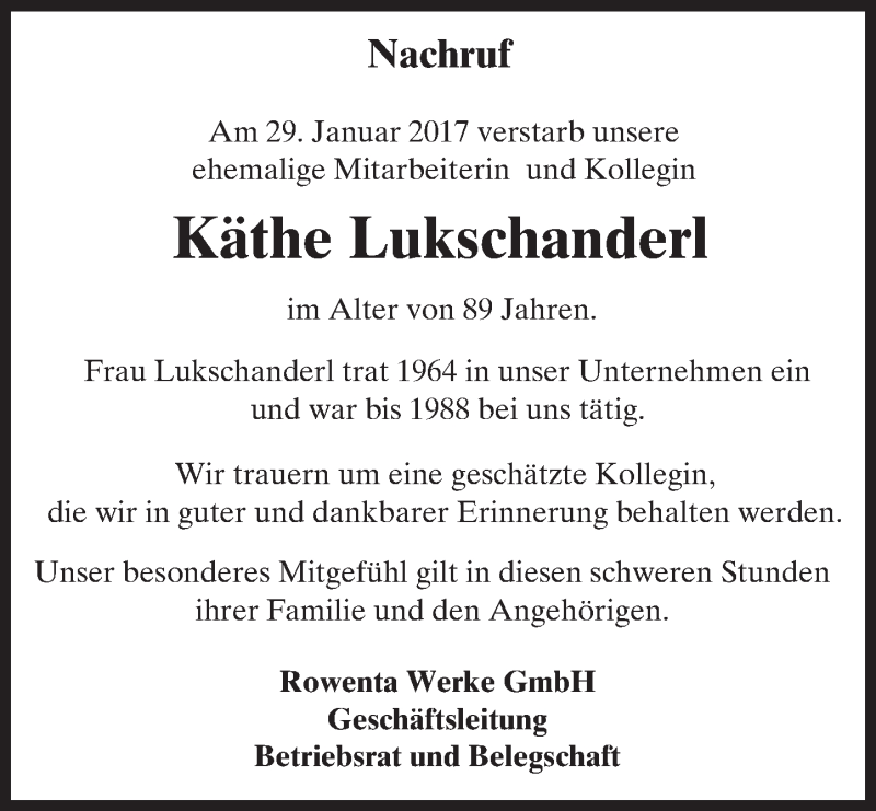  Traueranzeige für Käthe Lukschanderl vom 14.02.2017 aus Trauerportal Echo Online