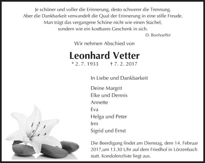  Traueranzeige für Leonhard Vetter vom 10.02.2017 aus Trauerportal Echo Online