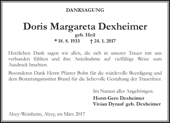 Traueranzeige von Doris Margareta Dexheimer von Trauerportal Rhein Main Presse