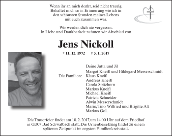 Traueranzeige von Jens Nickoll von  Kreisanzeiger