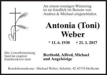 Traueranzeige von Antonia Weber von Trauerportal Rhein Main Presse