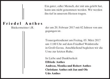 Traueranzeige von Friedel Anthes von Trauerportal Echo Online