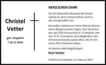 Traueranzeige von Christel Vetter von Trauerportal Echo Online