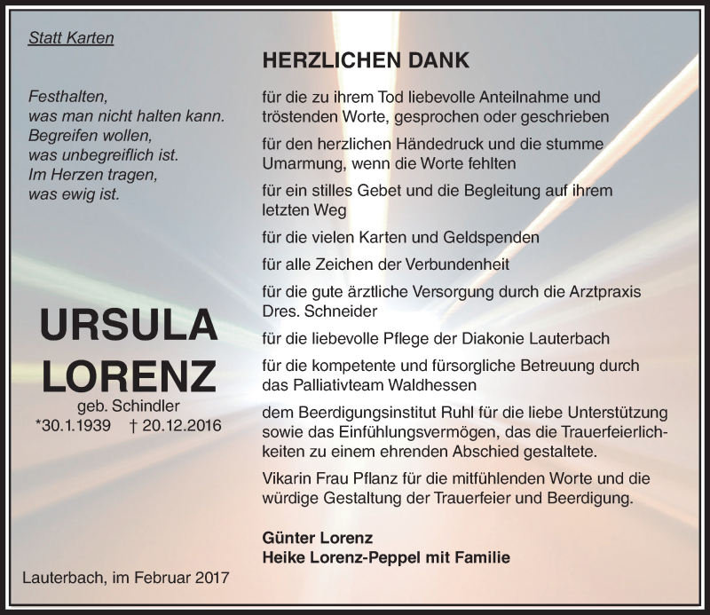  Traueranzeige für Ursula Lorenz vom 18.02.2017 aus VRM Trauer