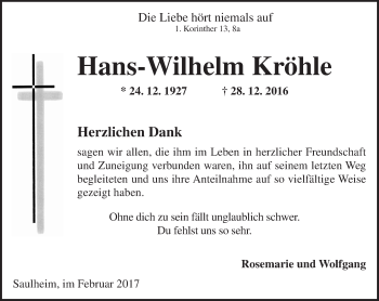 Traueranzeige von Hans-Wilhelm Kröhle von Trauerportal Rhein Main Presse
