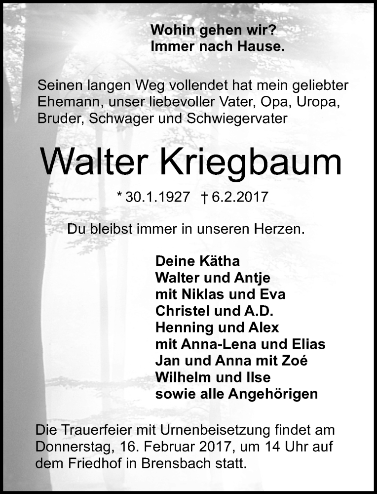  Traueranzeige für Walter Kriegbaum vom 11.02.2017 aus Trauerportal Echo Online
