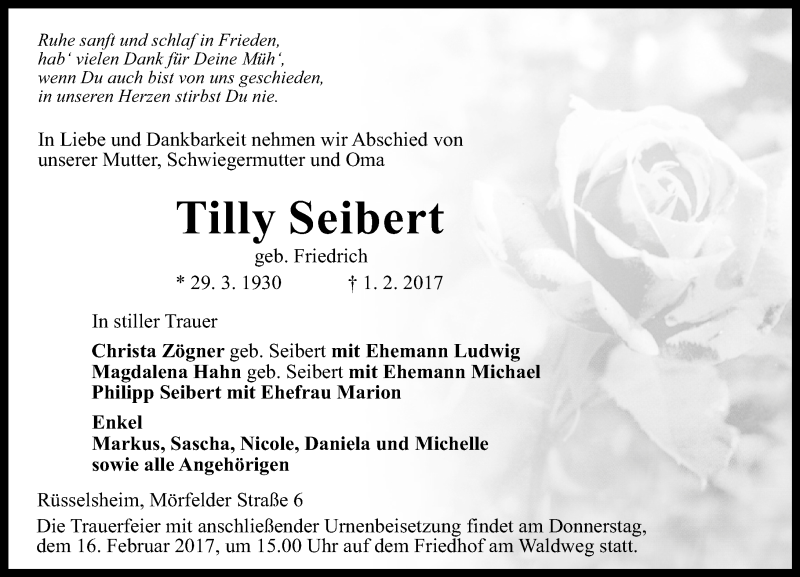  Traueranzeige für Tilly Seibert vom 11.02.2017 aus Trauerportal Rhein Main Presse