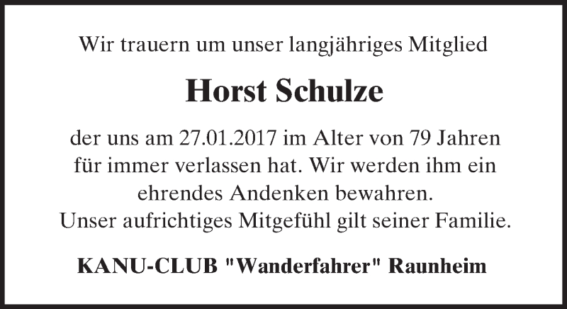  Traueranzeige für Horst Schulze vom 07.02.2017 aus Trauerportal Rhein Main Presse