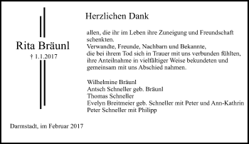 Traueranzeige von Rita Bräunl von Trauerportal Echo Online