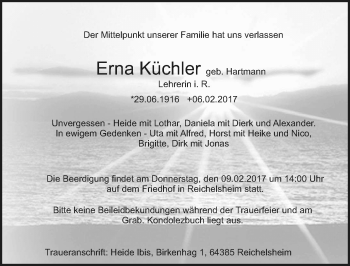 Traueranzeige von Erna Küchler von Trauerportal Echo Online