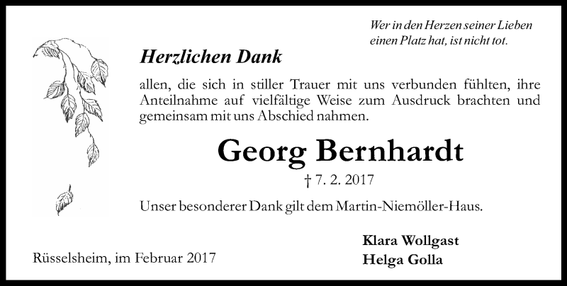  Traueranzeige für Georg Bernhardt vom 25.02.2017 aus Trauerportal Rhein Main Presse